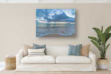 Load image into Gallery viewer, Sunrise, pastel light, billowing clouds, rushing saltwater, Waimanalo Beach, Oahu, Hawaii, Metal Art Print, Living Room Interior, Image