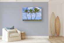 Load image into Gallery viewer, Three Coconut Palm Trees, Ocean, Grass, Puffy Clouds, Sky, Oahu, Hawaii, Metal Art Print, Living Room Interior, Image