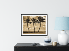 Load image into Gallery viewer, Black and White, Three Coconut Palm Trees, Ocean, Puffy Clouds, Sky, Oahu, Hawaii, Framed Matted Photo Print, Interior Bedroom, Entryway, Image