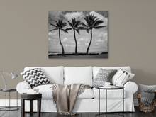 Load image into Gallery viewer, Black and White, Three Coconut Palm Trees, Ocean, Puffy Clouds, Sky, Oahu, Hawaii, Metal Art Print, Living Room, Image