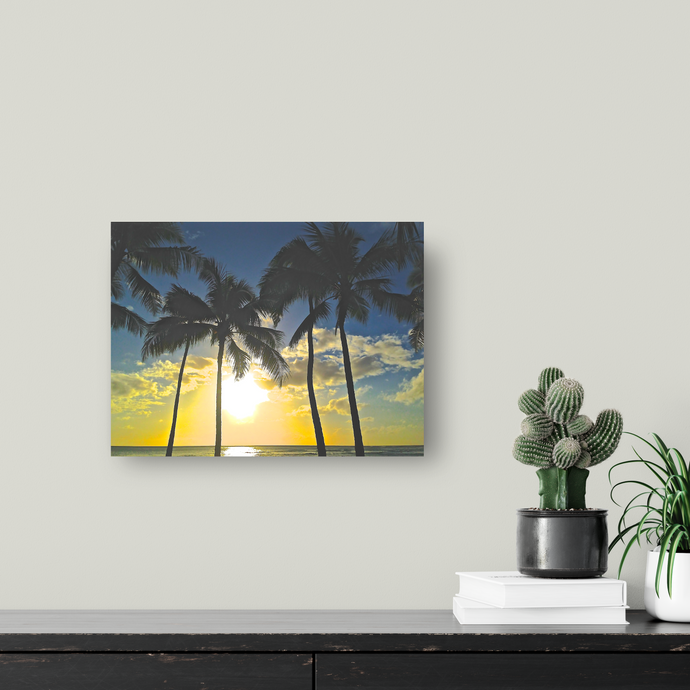 Royal Blue Sky, Golden Sunset, Palm Trees, Ocean, Waikiki, Oahu, Hawaii, Metal Art Print, Image