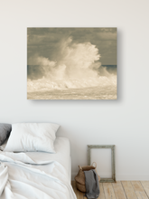 Load image into Gallery viewer, Giant Crashing Wave, Muted Tones, Cloudy Sky, Ocean, North Shore, Oahu, Hawaii, Metal Art Print, Bedroom Interior,  Image