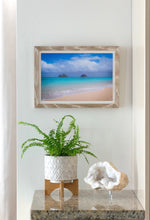 Load image into Gallery viewer, Mokulua Islands, Lanikai Beach, Teal Ocean, White Sand, Blue Sky, Puffy Clouds, Shoreline, Oahu, Hawaii, Wood Framed Metal Art Print, Living Room Interior, Image