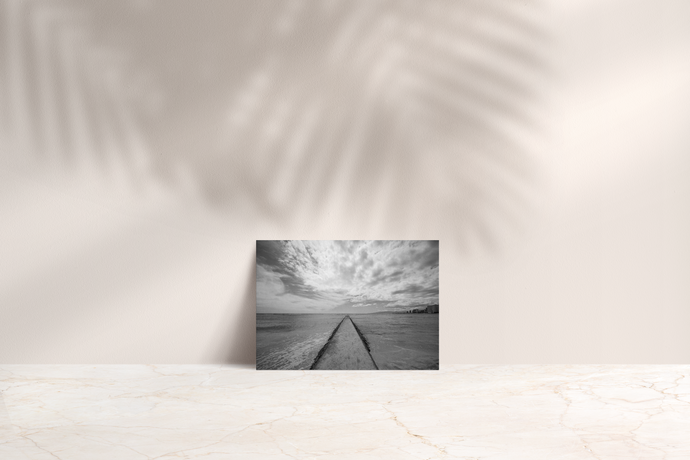 Black and White, Cloudy Sky, Rock Wall Path, Ocean, Waikiki, Oahu, Hawaii, Folded Note Card, Image