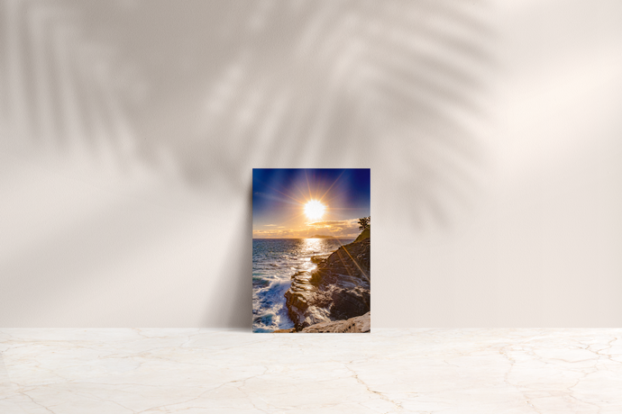 Lava rock cliffs, crashing ocean waves, Sunset, Diamond Head, Spitting Cave, Oahu, Hawaii, Folded Note Card, Image