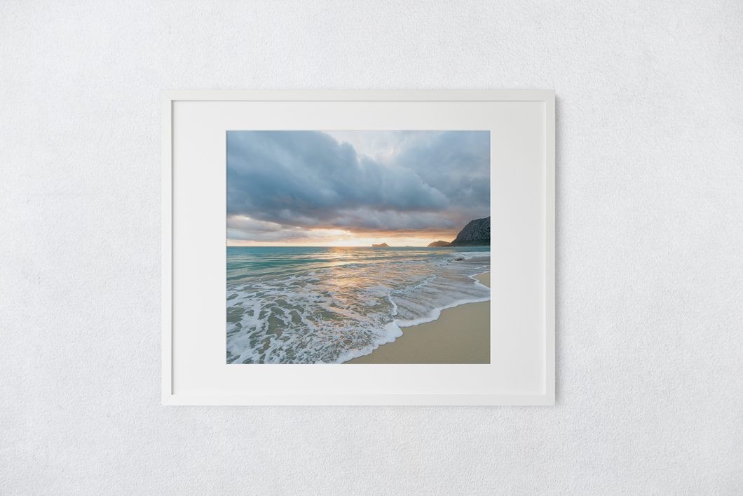 Waimanalo Beach, Oahu, Hawaii, Sunrise, Clouds, Ocean, Rabbit Island, Matted Photo Print, Image