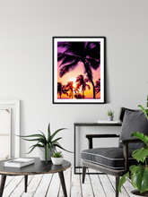 Load image into Gallery viewer, Purple, Pink, Yellow, Orange, Sunset, Palm Trees, Oahu, Hawaii, Framed Matted Photo Print, Living Room Interior, Image
