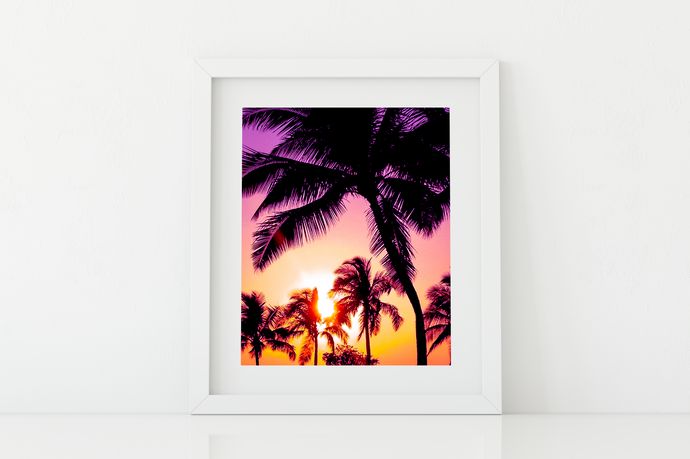 Purple, Pink, Yellow, Orange, Sunset, Palm Trees, Oahu, Hawaii, Matted Photo Print, Image