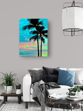 Load image into Gallery viewer, Palm trees silhouette, blue, pink, yellow, sunset, Waikiki, Oahu, Hawaii, Metal Art Print, Living Room Interior, Image
