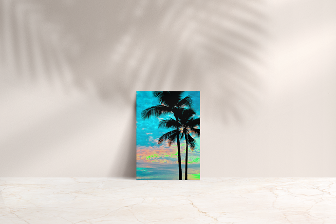 Palm trees silhouette, blue, pink, yellow, sunset, Waikiki, Oahu, Hawaii, Folded Note Card, Image