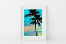 Load image into Gallery viewer, Palm trees silhouette, blue, pink, yellow, sunset, Waikiki, Oahu, Hawaii, Matted Photo Print, Image
