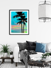Load image into Gallery viewer, Palm trees silhouette, blue, pink, yellow, sunset, Waikiki, Oahu, Hawaii, Framed Matted Photo Print, Living Room Interior, Image
