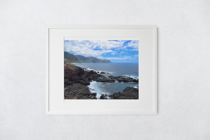 Ocean Cove, Lava rocks, Wai'anae Mountain Range, Ka'ena Point, Oahu, Hawaii, Matted Photo Print, Image