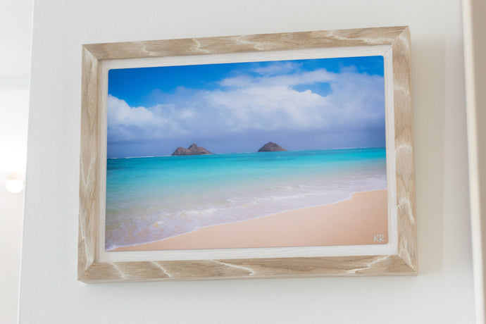 Mokulua Islands, Lanikai Beach, Teal Ocean, White Sand, Blue Sky, Puffy Clouds, Shoreline, Oahu, Hawaii, Wood Framed Metal Art Print, Living Room Interior,  Image