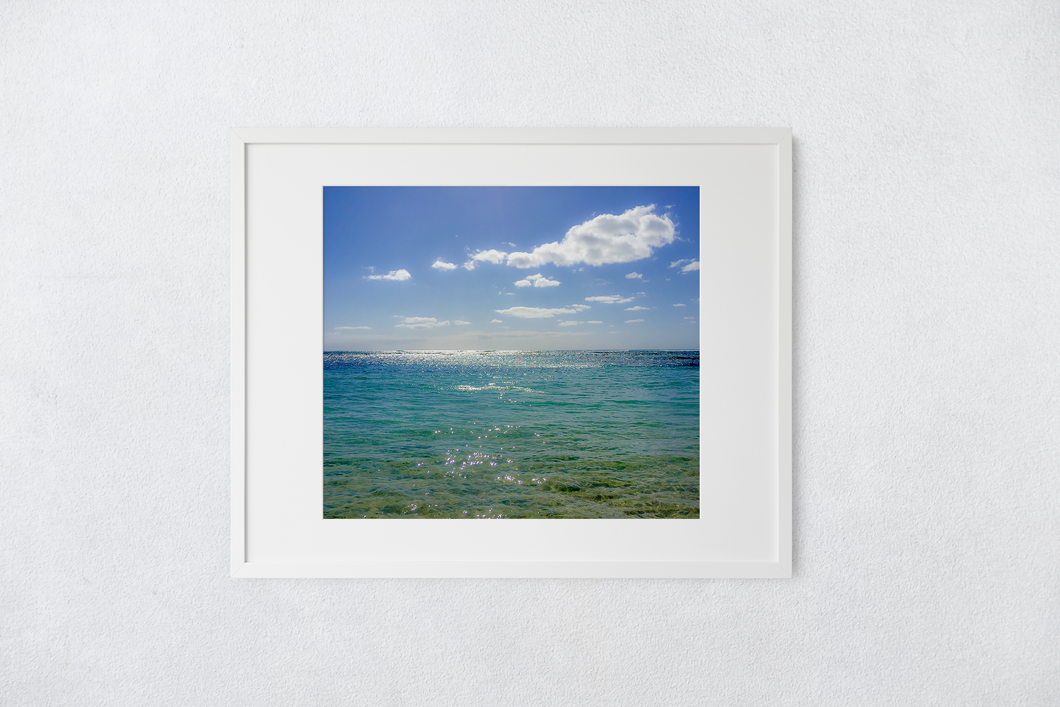 Sunlight, Sparkles, Green-Blue Sea, Puffy White Clouds, Kaimana Beach, Oahu, Hawaii, Matted Photo Print, Image