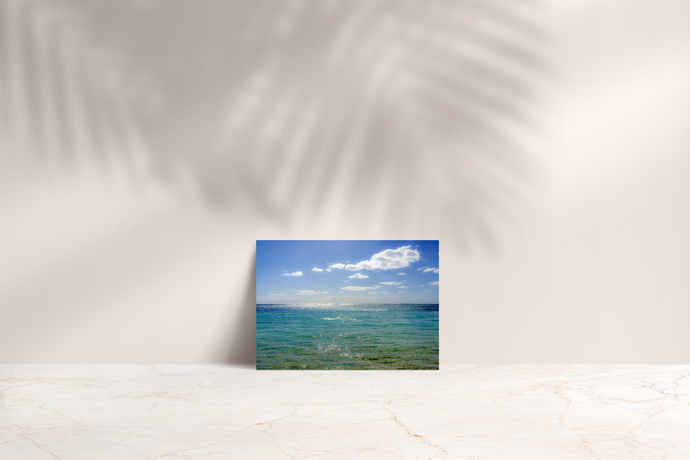 Sunlight, Sparkles, Green-Blue Sea, Puffy White Clouds, Kaimana Beach, Oahu, Hawaii, Folded Note Card, Image
