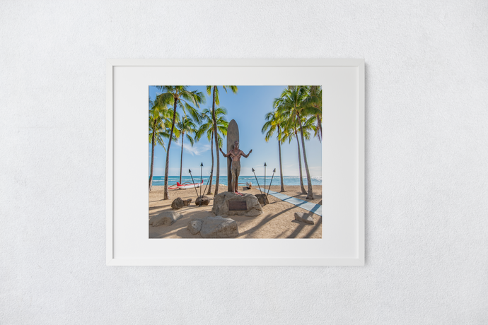 Duke Kahanamoku statue, palm trees, canoe, tiki torches, sand, ocean, Matted Photo Print, Image