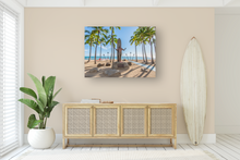 Load image into Gallery viewer, Duke Kahanamoku statue, palm trees, canoe, tiki torches, sand, ocean, Metal Art Print, Interior Entryway, Image
