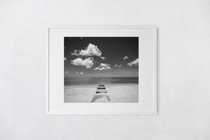 Black, White, pathway, sand, ocean, clouds, Oahu, Hawaii, Matted Photo Print, Image