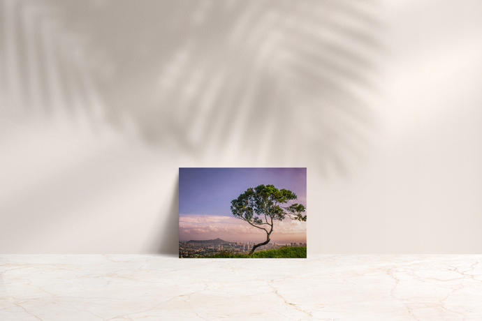 Purple, Pink, Sunset, Honolulu, Diamond Head, City, Clouds, Oahu, Hawaii, Folded Note Card, Image