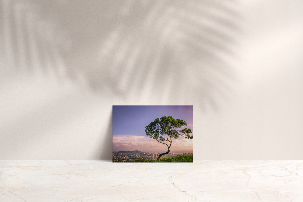 Purple, Pink, Sunset, Honolulu, Diamond Head, City, Clouds, Oahu, Hawaii, Folded Note Card, Image