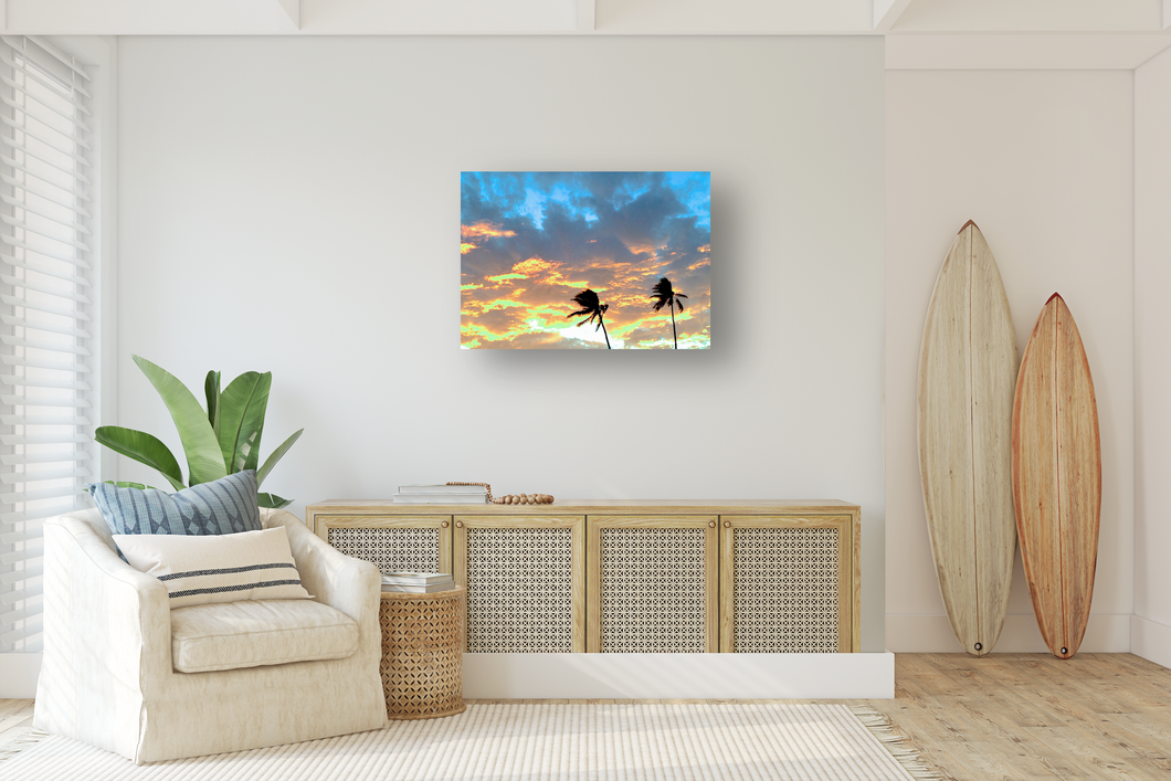 Palm Tree Silhouettes, Blue and Orange Sky, Clouds, Waikiki, Oahu, Hawaii, Metal Art Print, Living Room Interior, Image
