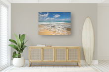 Load image into Gallery viewer, Blue sky, Puffy Clouds, Ocean, rocky shore, seafoam, North Shore, Beachscape, Oahu, Hawaii, Metal Art Print, Entry Interior, Image
