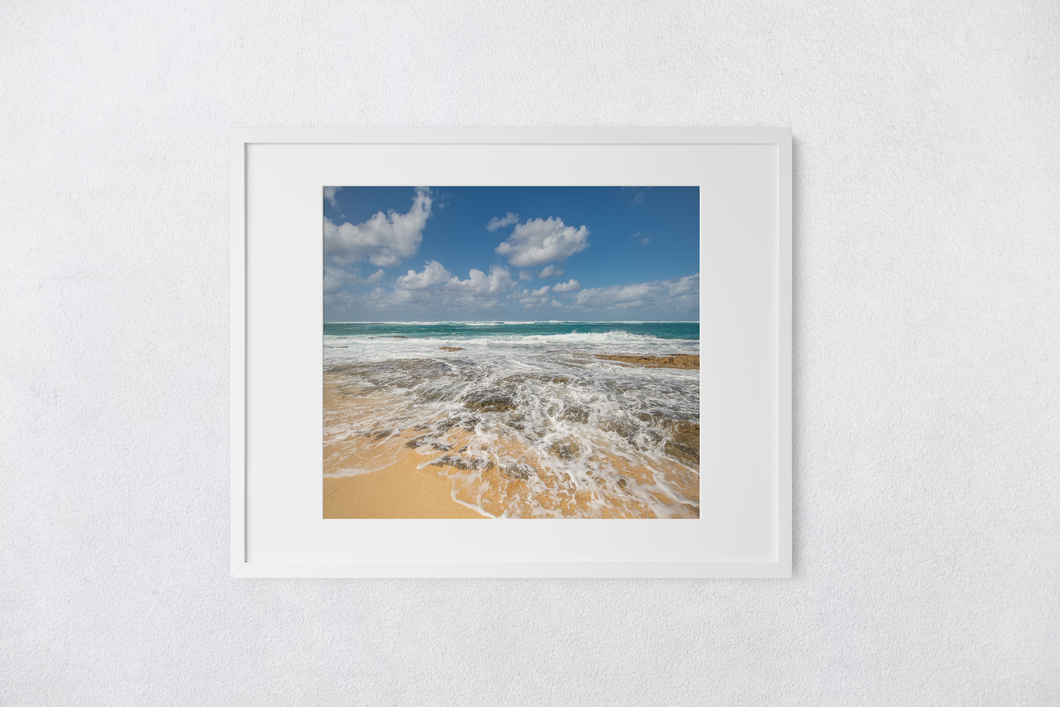 Blue sky, Puffy Clouds, Ocean, rocky shore, seafoam, North Shore, Beachscape, Oahu, Hawaii, Matted Photo Print, Image