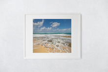 Load image into Gallery viewer, Blue sky, Puffy Clouds, Ocean, rocky shore, seafoam, North Shore, Beachscape, Oahu, Hawaii, Matted Photo Print, Image
