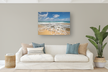 Load image into Gallery viewer, Blue sky, Puffy Clouds, Ocean, rocky shore, seafoam, North Shore, Beachscape, Oahu, Hawaii, Metal Art Print, Living Room Interior, Image
