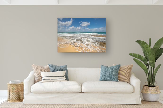Blue sky, Puffy Clouds, Ocean, rocky shore, seafoam, North Shore, Beachscape, Oahu, Hawaii, Metal Art Print, Living Room Interior, Image