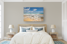 Load image into Gallery viewer, Blue sky, Puffy Clouds, Ocean, rocky shore, seafoam, North Shore, Beachscape, Oahu, Hawaii, Metal Art Print, Bedroom Interior, Image

