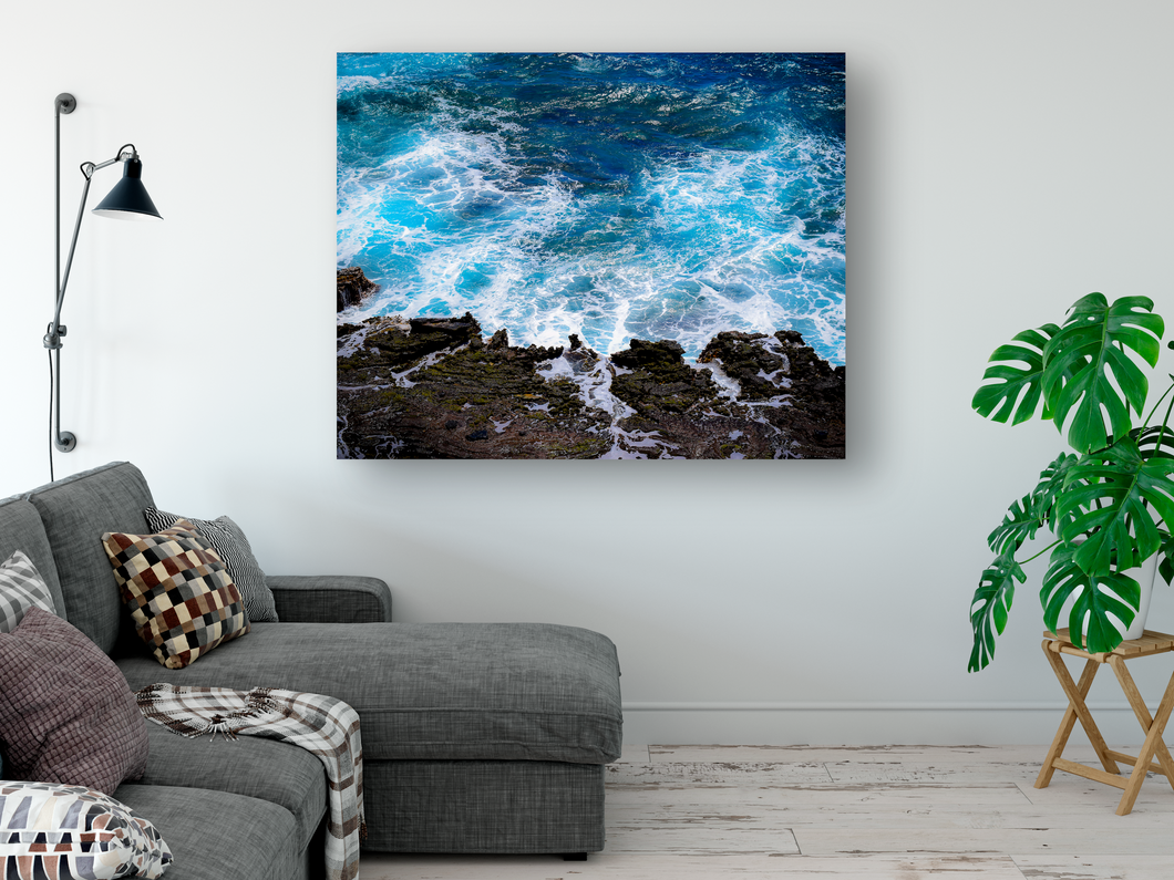 Cobalt blue sea, white frothy seafoam, lava rock, Halona Point, Oahu, Hawaii, Metal Art Print, Living Room Interior, Image