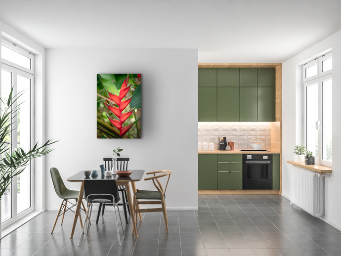 Red heliconias, lush green jungle foliage, Oahu, Hawaii, Metal Art Print, Dining Room Interior, Image