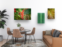 Load image into Gallery viewer, Red heliconias, lush green jungle foliage, Oahu, Hawaii, Metal Art Print, Dining Room Interior, Image
