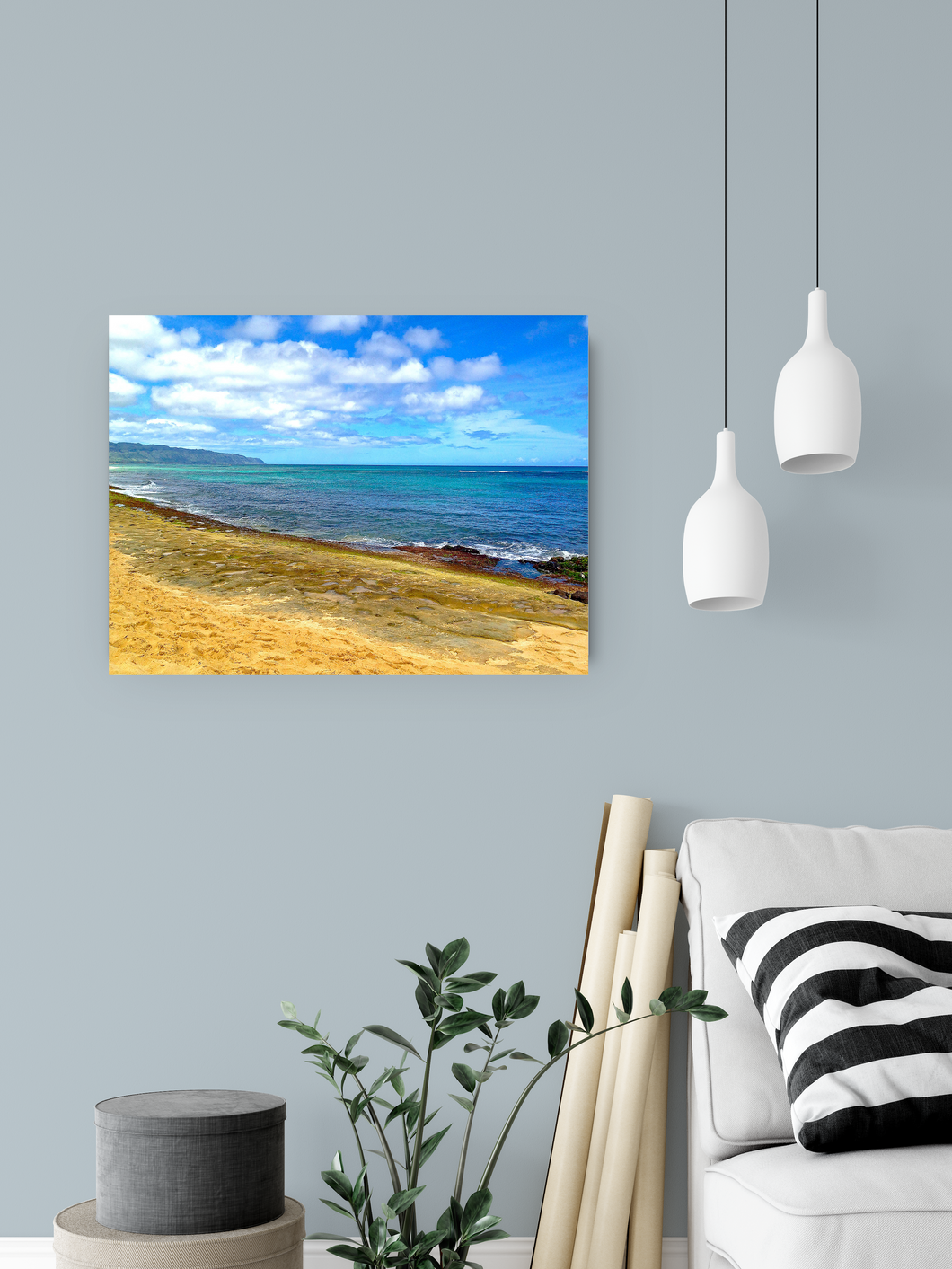 Beachscape, Sand, Ocean, Blue Sky, Puffy White Clouds, North Shore, Oahu, Hawaii, Metal Art Print, Interior Room, Image