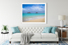 Load image into Gallery viewer, Mokulua Islands, Lanikai Beach, Teal Ocean, White Sand, Blue Sky, Puffy Clouds, Shoreline, Oahu, Hawaii, Framed Matted Photo Print, Living Room Interior,  Image
