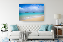 Load image into Gallery viewer, Mokulua Islands, Lanikai Beach, Teal Ocean, White Sand, Blue Sky, Puffy Clouds, Shoreline, Oahu, Hawaii, Metal Art Print, Living Room Interior,  Image
