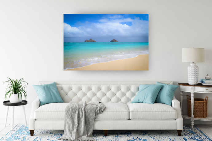 Mokulua Islands, Lanikai Beach, Teal Ocean, White Sand, Blue Sky, Puffy Clouds, Shoreline, Oahu, Hawaii, Metal Art Print, Living Room Interior,  Image
