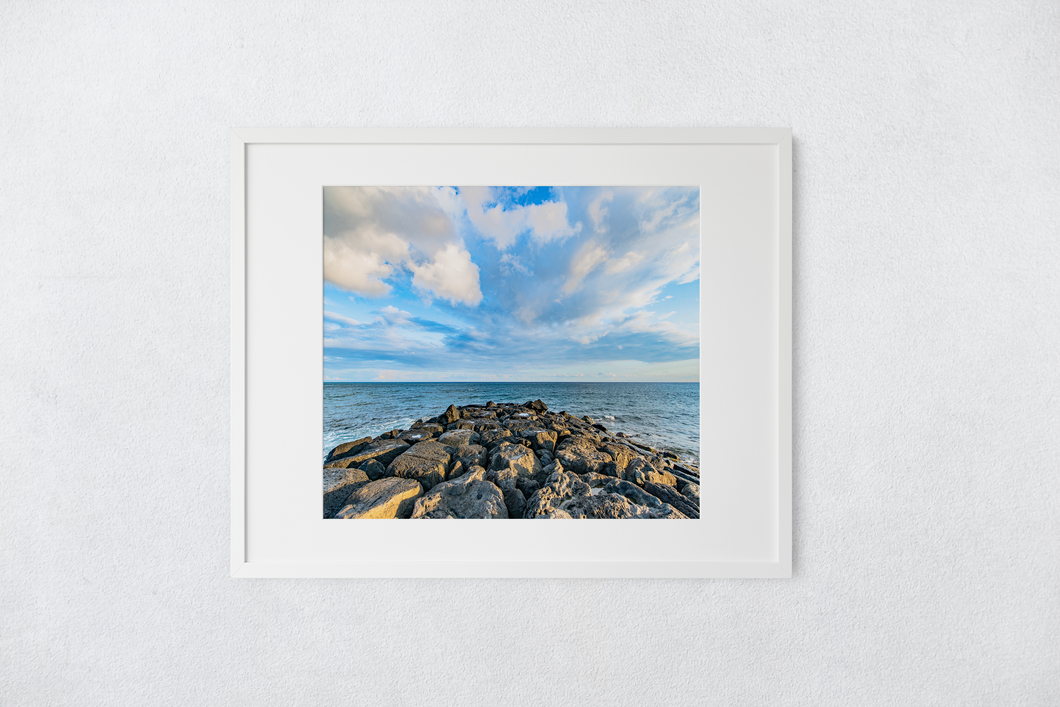 Rock wall, Ocean, Clouds, Sky, Ala Moana Harbor, Oahu, Hawaii, Matted Photo Print, Image