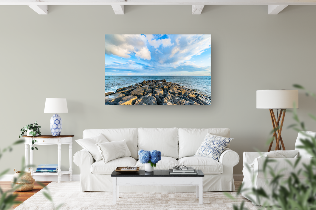 Rock wall, Ocean, Clouds, Sky, Ala Moana Harbor, Oahu, Hawaii, Metal Art Print, Living Room Interior, Image