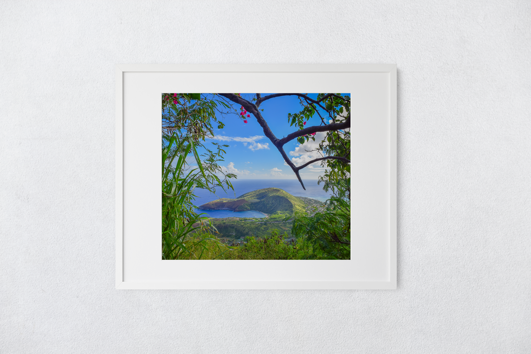 Hanauma Bay, Blue Ocean, Blue Sky, Clouds, Green Foliage, Oahu, Hawaii, Matted Photo Print, Image
