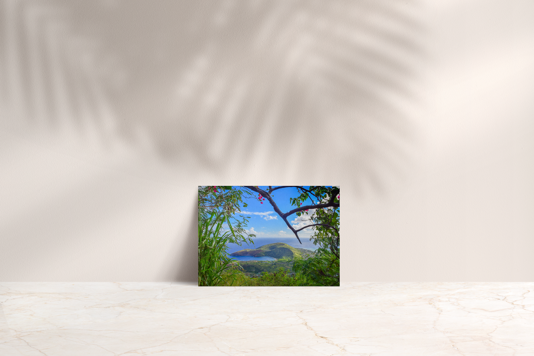 Hanauma Bay, Blue Ocean, Blue Sky, Clouds, Green Foliage, Oahu, Hawaii, Folded Note Card, Image