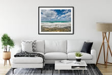 Load image into Gallery viewer, Lava Rock, Sand, Teal Ocean, White Seafoam, Blue Sky, Puffy Clouds, North Shore, Oahu, Hawaii, Framed Matted Photo Print, Living Room Interior, Image
