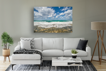 Load image into Gallery viewer, Lava Rock, Sand, Teal Ocean, White Seafoam, Blue Sky, Puffy Clouds, North Shore, Oahu, Hawaii, Metal Art Print, Living Room Interior, Image
