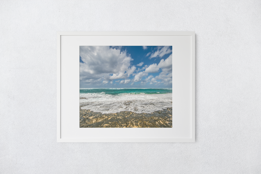 Lava Rock, Sand, Teal Ocean, White Seafoam, Blue Sky, Puffy Clouds, North Shore, Oahu, Hawaii, Matted Photo Print, Image