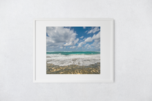 Load image into Gallery viewer, Lava Rock, Sand, Teal Ocean, White Seafoam, Blue Sky, Puffy Clouds, North Shore, Oahu, Hawaii, Matted Photo Print, Image
