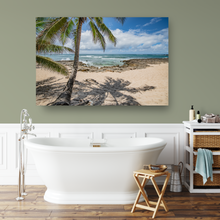 Load image into Gallery viewer, Coconut Palm Tree, Ocean, Lava Rock, Sand, White Puffy Clouds, Blue Sky, Shadow, North Shore, Oahu, Hawaii, Metal Art Print, Bathroom Interior, Image
