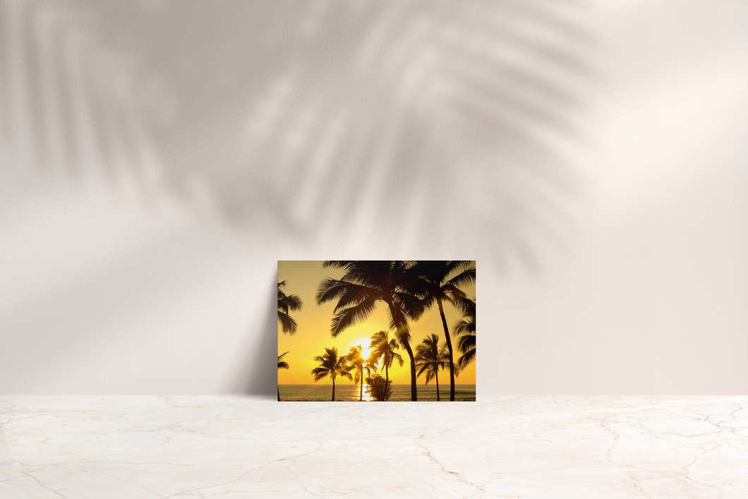 Palm trees, Silhouette, Golden Sunset, Ocean, Oahu, Hawaii, Folded Note Card, Image
