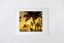 Load image into Gallery viewer, Palm trees, Silhouette, Golden Sunset, Ocean, Oahu, Hawaii, Matted Photo Print, Image
